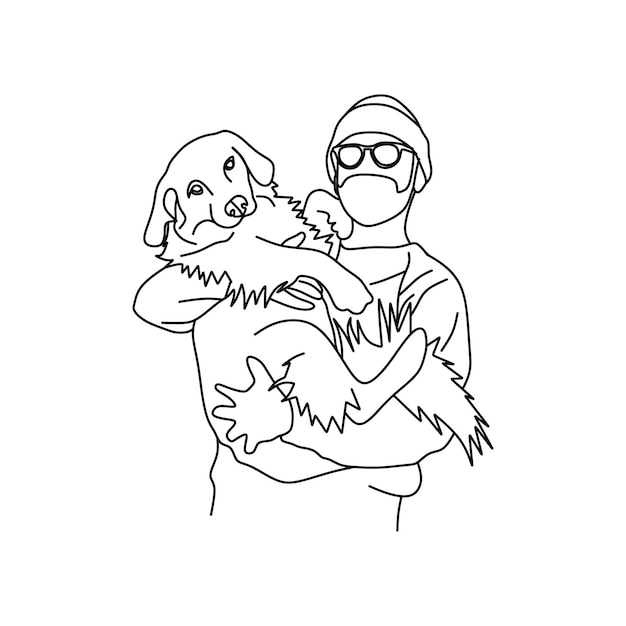 Vector human and dog in black and white line art 1