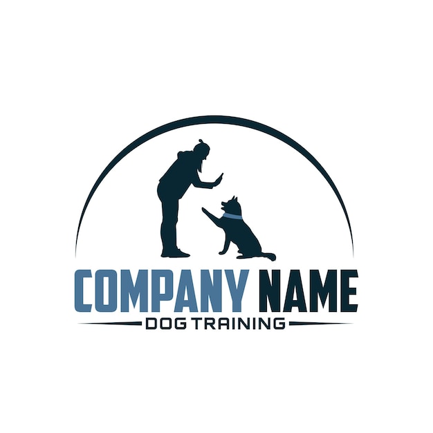 Logo del disegno vettoriale della silhouette umana e del cane, dog sitter, illustrazione dell'amante dei cani.