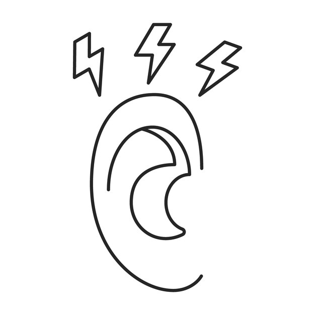 Human ear with pain and tinnitus line art icon ringing in ears Hear loud noise earache Diseases