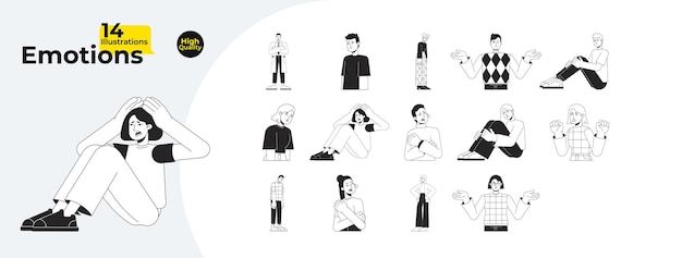 Human emotions flat line color vector characters bundle Editable outline full body of sad frustrated baffled people on white Simple cartoon spot illustration for web graphic design