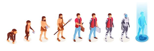 Vector human evolution of man from ape monkey to digital world technology life development process