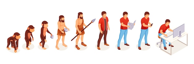 Human evolution of monkey to modern man at computer . People evolution and life change progress from apes and caveman to intelligent mind and technology