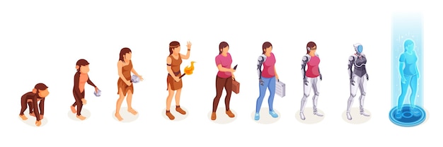 Human evolution of woman from monkey to digital technology world robot and cyborg technology life