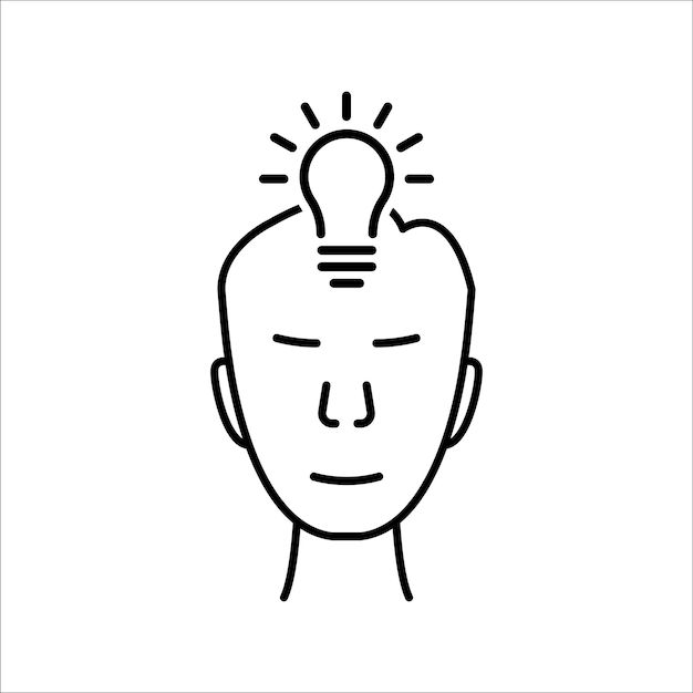 賢い人々のシンプルなバッジ、iq、または想像力のシンボルの電球のような洞察力のロゴコンセプトを持つ人間の顔白に隔離された最小限の革新またはビジョンのロゴタイプストロークモノラインアートデザイン