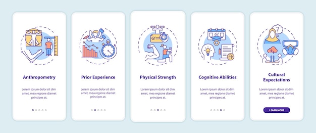 Human factors in ergonomics onboarding mobile app page screen with concepts