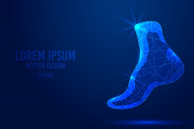 Human feet geometric lines, low poly style wireframe vector template. isolated medicine science technology concept blue background polygonal.