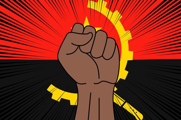 Vector human fist clenched symbol on flag of angola