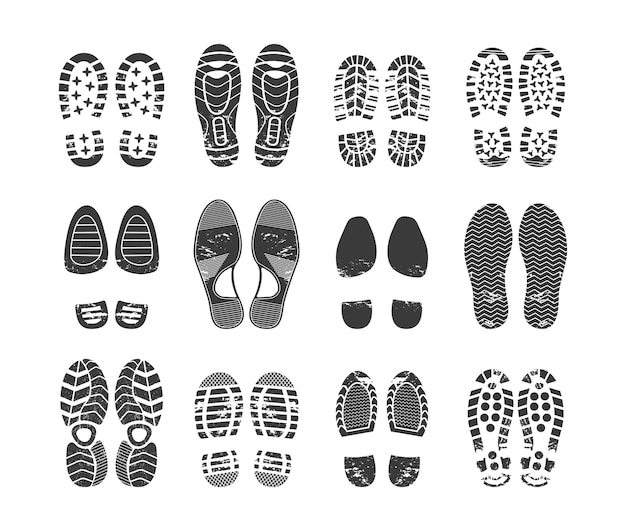 Human footprint, footwear steps silhouette, shoes, boots, sneakers footstep print of men and women