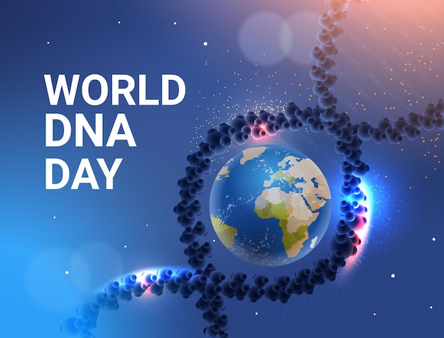 Dna genetico umano molecola elicoidale con pianeta terra globo mondo dna day clinica ricerca e test di cure mediche medical