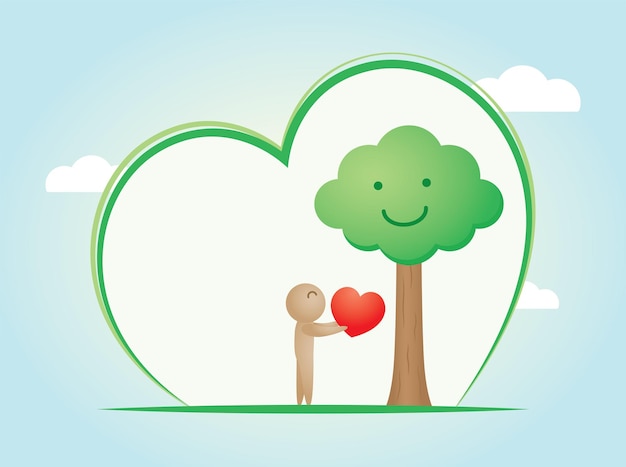 Vettore l'essere umano dà il cuore al vettore dell'illustrazione dell'albero con lo spazio della copia nella cornice del cuore verde