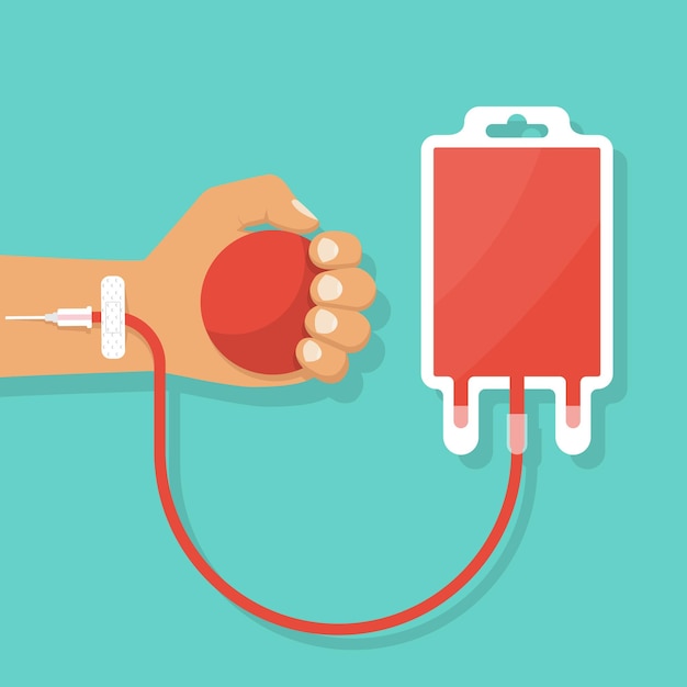 人間がボールを手に持って血液を与える献血者デーベクトルイラストフラットデザイン血漿用バッグにドリップに接続医療医療コンセプト