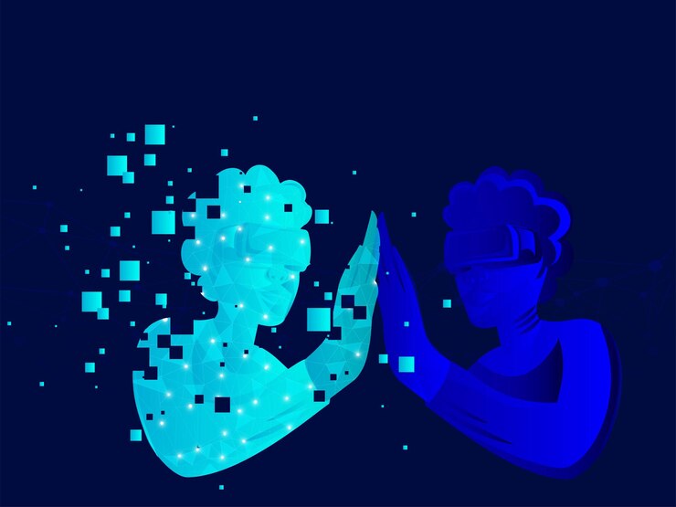 Vector human giving virtual high five through vr box with hologram graphic on blue background for metaverse technology concept