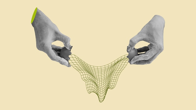 human hand breaking egg retro futuristic collage with distorted 3d grid mesh