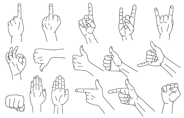 Vector human hand gestures set in black outlines