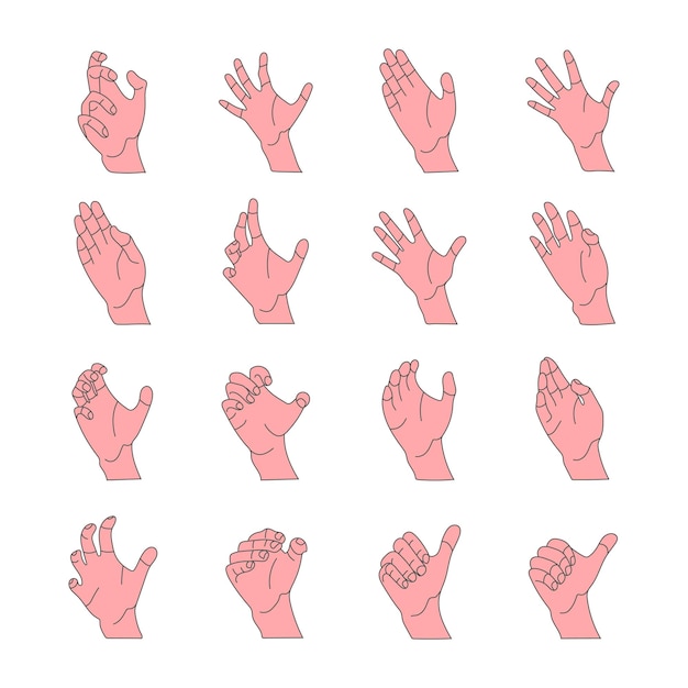 벡터 인간의 손 제스처 세트, 최소한의 라인 아트 삽화, 확인, 엄지 손가락 및 가리키는 손가락