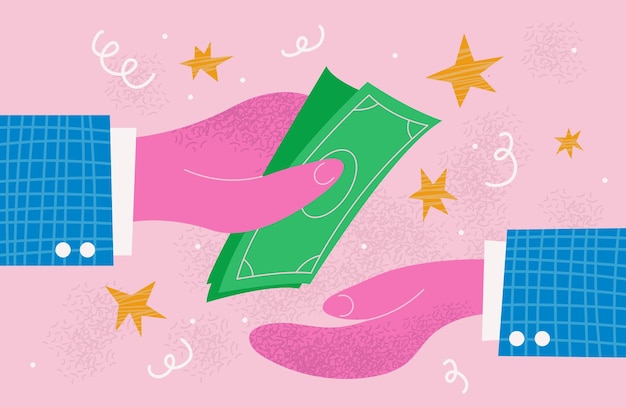 Vector human hand giving money to other hand pay for something abstract deal giving money in flat style