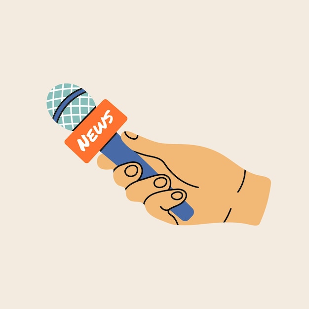 Human hand holding microphone news journalist clip art in modern flat line style