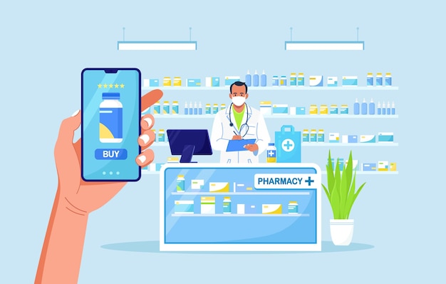 Human hand holding mobile phone for medicine online payment. Home delivery pharmacy service. Pharmacist with paper bag with pills bottle, medicines, drugs, thermometer inside