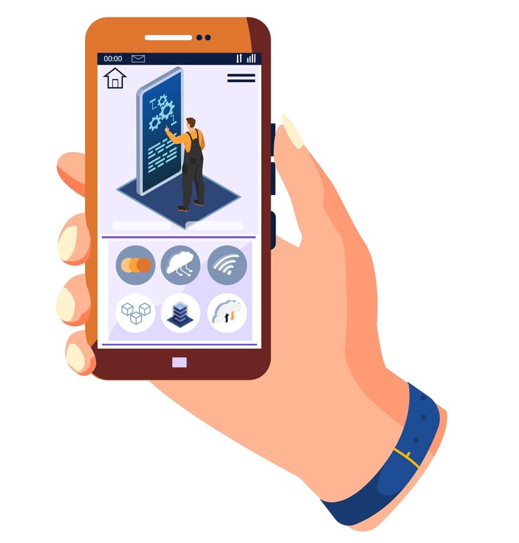 Vector 웹 버튼에 아이콘 세트가 있는 데스크탑의 클라우드 컴퓨팅 스토리지 및 애플리케이션 사용을 보여주는 앱이 있는 인간의 손에 들고 있는 전화 클라우드 기술을 통해 원격 서버로 다운로드 데이터 업로드