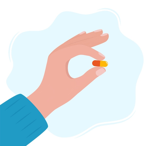 Vector human hand holding pill between fingers vector illustration in flat style medication treatment