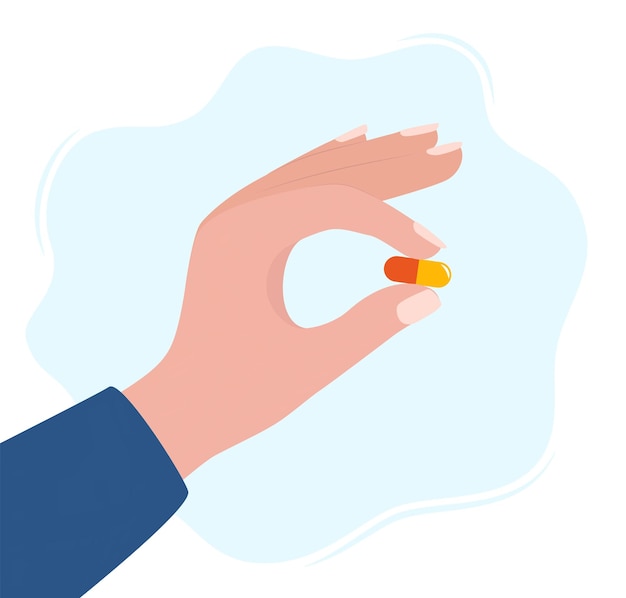 Vector human hand holding pill between fingers vector illustration in flat style