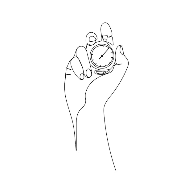 Human hand holding stopwatch One line vector Sport timer Measurement and time management concept