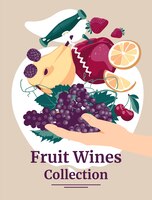 A human hand holds a bunch of grapes citrus fruits various fruits berries a wine opener retro style flat vector illustration a collection of fruit wines