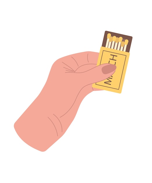 La mano umana tiene una scatola aperta di fiammiferi illustrazione vettoriale di una mano di donna con una scatoletta di fiammeferi