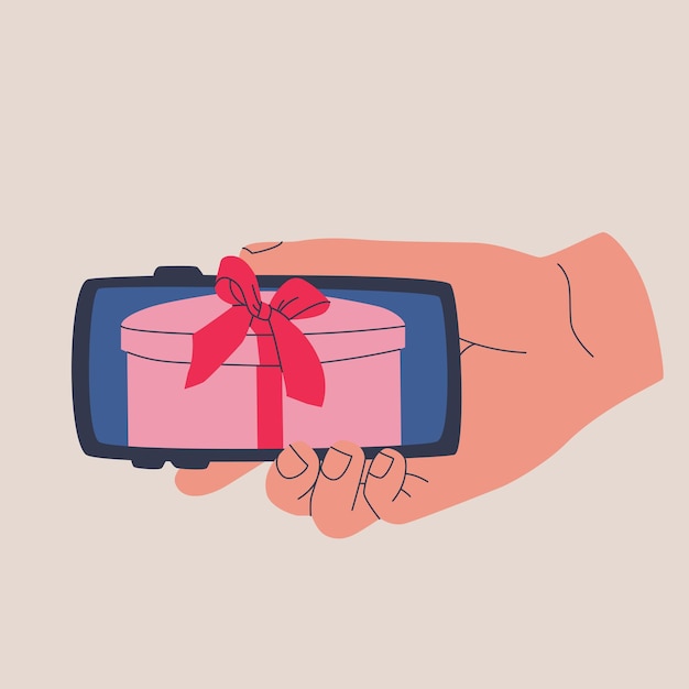 Vector human hand holds smartphone horizontal receiving gifts on web page or mobile phone app