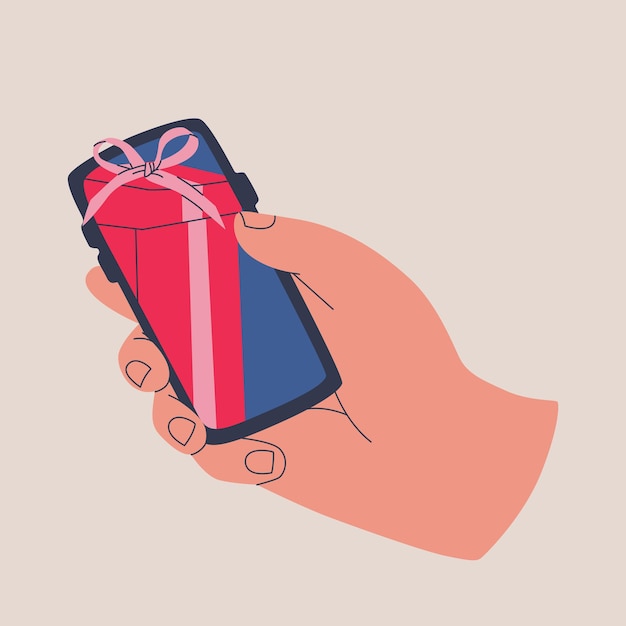 Vector human hand holds smartphone receiving gifts on web page or mobile phone app