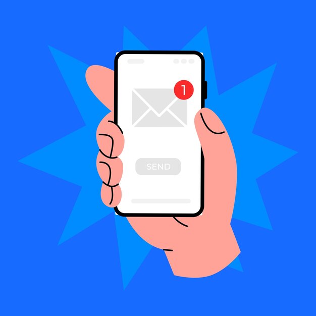 A human hand is holding a smartphone A new message The envelope icon Fingers and a Flatstyle scr