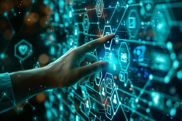 Human hand pointing at artificial intelligence network concept of artificial intelligence Artificial