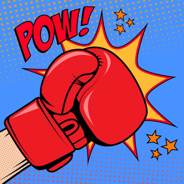 Human hand in pop art style with boxing glove. Pow. Design element for poster, flyer.