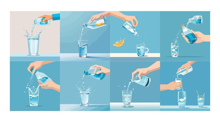 Vector human hand pouring clear cool water from open bottle into glass thirsty person filling cup with fresh cold drink for refreshment flat vector illustration health beauty natural product concept