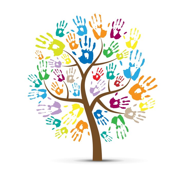 Vector human hand prints color tree silhouette