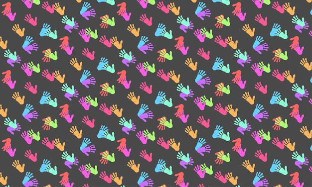 Vector human hand prints pattern seamless pattern with colorful footprints against dark blue background