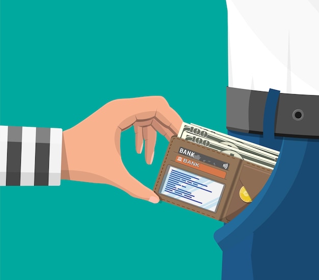 Human hand in prison robe takes money cash from pocket. thief pickpocket stealing dollars banknotes from jeans. crime and robbery concept. flat vector illustration