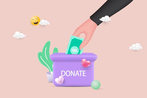 The human hand puts a banknote into the donation box Donation and charity concept 3D Vector Illustration