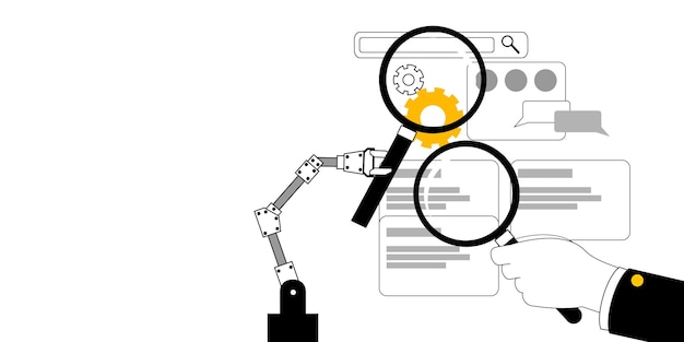 A human hand and a robotic arm with magnifying glasses are looking for errors in a application