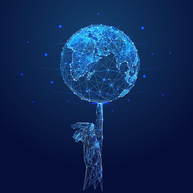 The human hand spins the globe blue Polygonal wireframe art