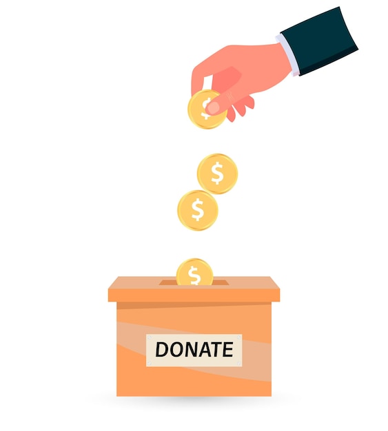 Human hand throws a golden coin into the for box donations. Flat vector illustration. Charity share. Save money.