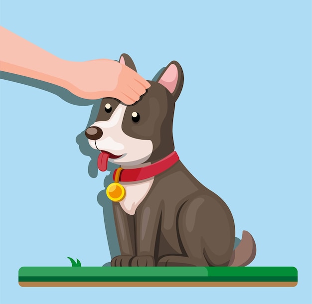 Vector human hand touch puppy, petting dog in cartoon flat illustration