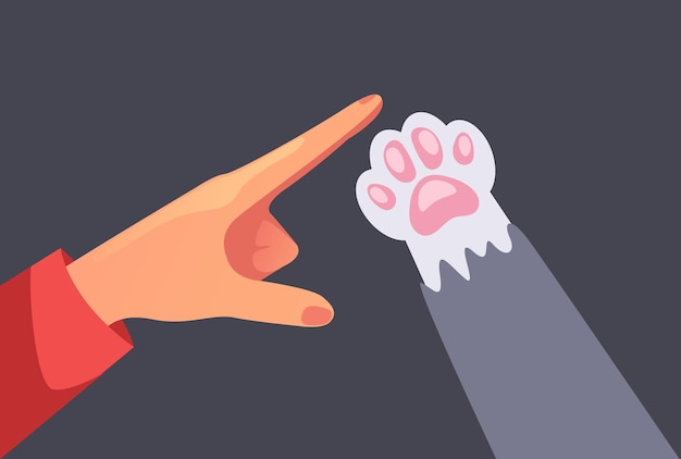 人間の手が猫の足に触れる