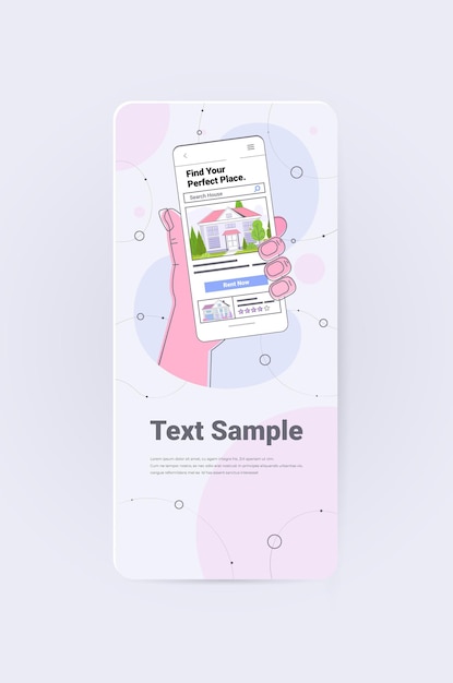 Mano umana utilizzando l'app mobile per la ricerca di case per l'affitto o l'acquisto di spazio di copia verticale del concetto di gestione della proprietà immobiliare online