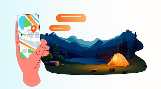 Vector human hand using navigation map on smartphone screen tent camping area night campsite summer vacation concept