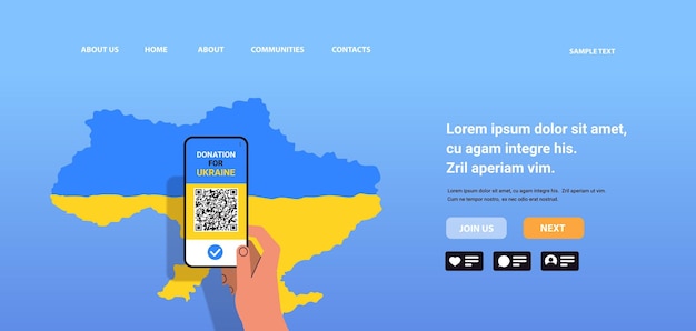 スマートフォンを使用した人間の手は、ウクライナのウクライナ軍への反戦寄付を助け、ウクライナの概念を保存するために寄付します水平コピースペースベクトルイラスト
