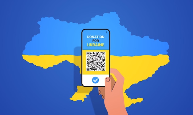 La mano umana che utilizza lo smartphone aiuta la donazione contro la guerra dell'ucraina all'esercito ucraino per aiutare a salvare l'illustrazione vettoriale orizzontale del concetto dell'ucraina