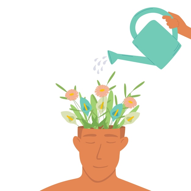 Человеческая рука поливает голову мужчины, из которой растут цветы. Понятие психологической помощи.