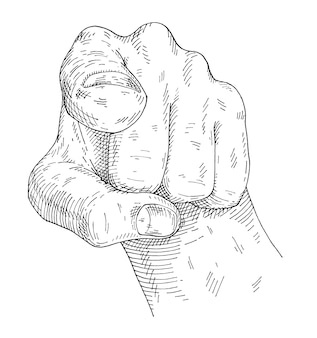Mano umana con un pugno chiuso. illustrazione di tratteggio monocromatico vintage isolato su bianco