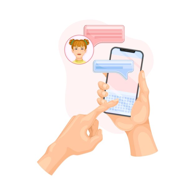 채팅 소프트웨어 터 일러스트레이션에서 스마트폰 문자 메시지를 사용하는 인간의 손